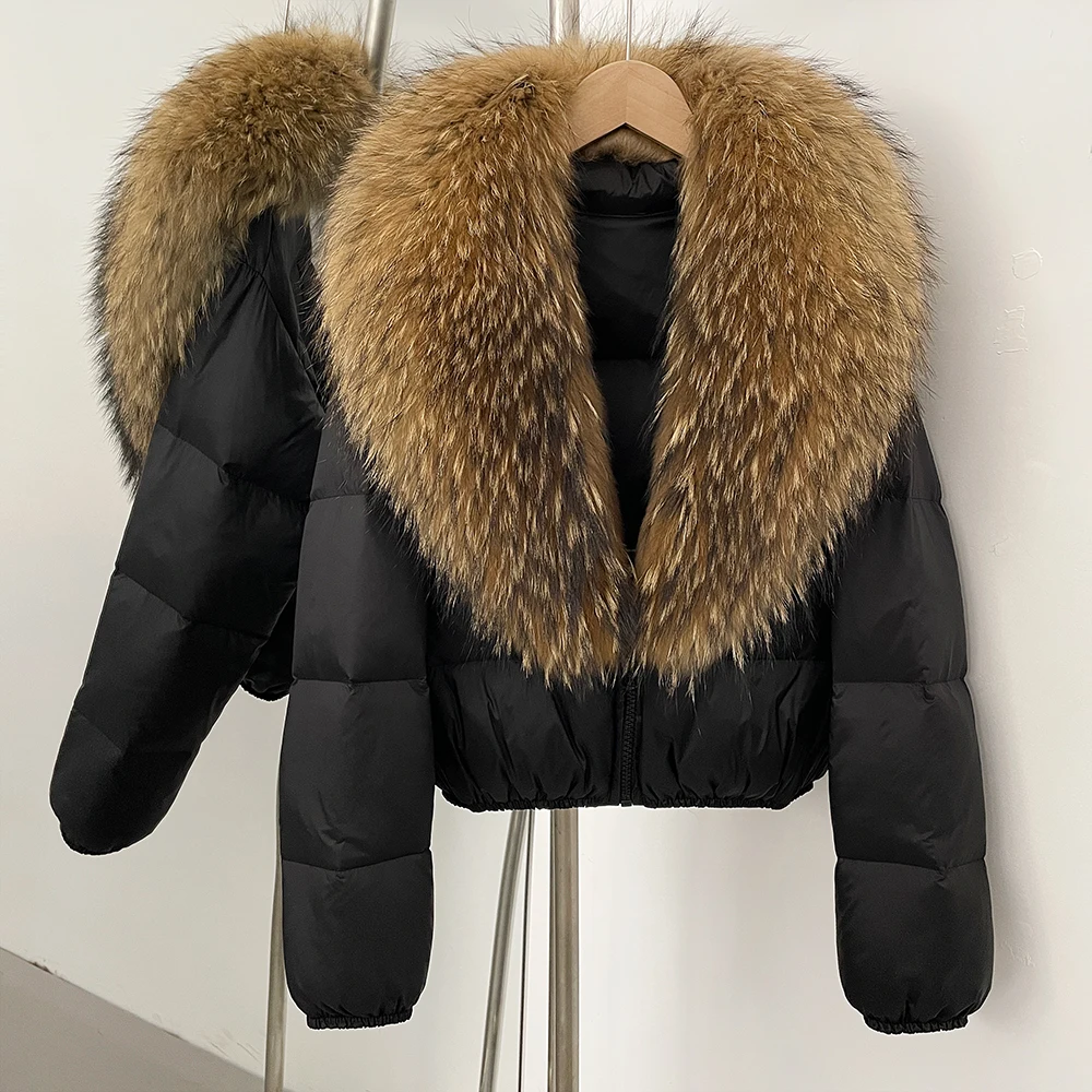 여성 패션 겨울 화이트 덕 다운 코트 2025 숏 패딩 재킷 두꺼운 천연 라쿤 퍼 코트 루즈핏 여성 리얼 퍼 재킷