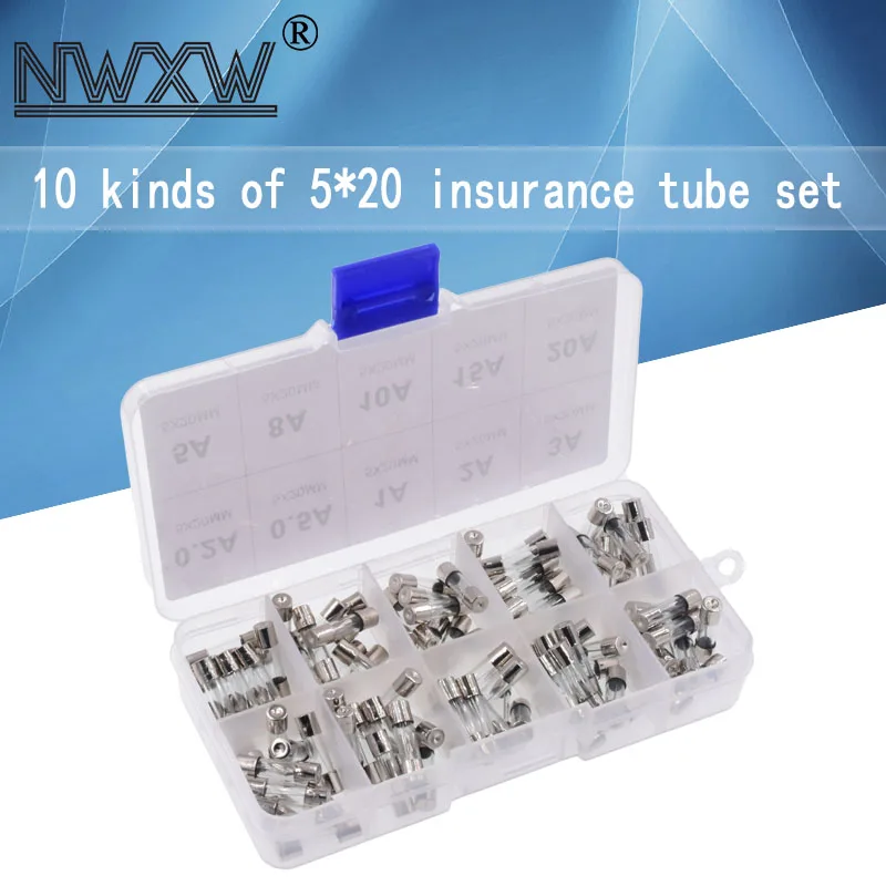 Glass fuse tube 5*20MM family commonly used fast-acting fuse wire 0.2A~20A 250V 10 kinds of 10 each, a total of 100