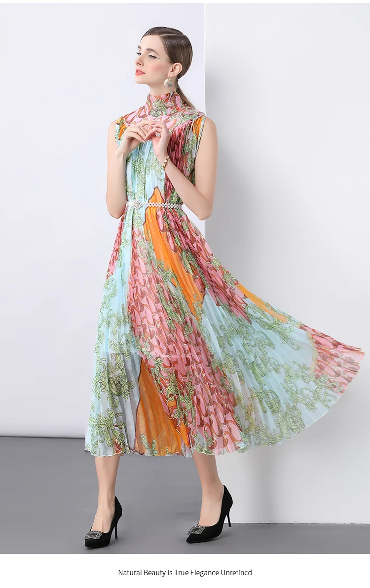 Robe ethnique élégante en mousseline de soie fluide, imprimé Floral, col Semi-haut, sans manches, pour femmes, amincissante, plissée, été, 2025