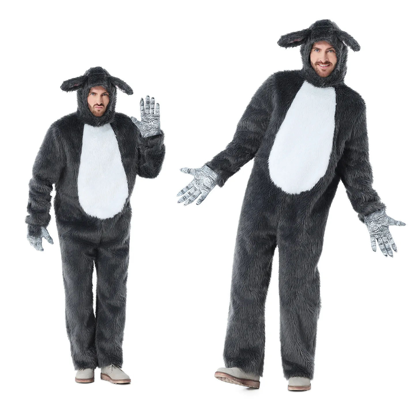 Flauschiger Herren-Wolf-Jumpsuit mit Kapuze und Wolfsohren, Weißer Bauch-Design, Erwachsenen-Halloween-Tier-Cosplay-Outfit – Detail 5