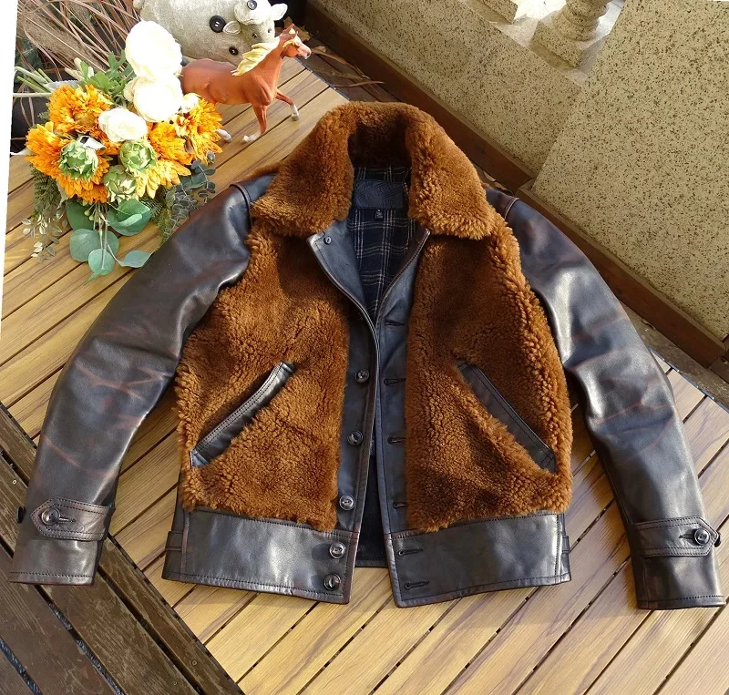 Shop Top.Winter warm fur jacket.Men genuine leather coat.Classic Western style Rider horsehide cloth.Vintage