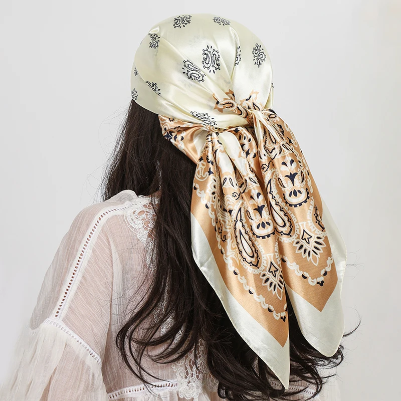 90 cm Platz Silk Schals Frauen Hijab Schals Paisley Cashew Blume Drucken Kopftuch Femme Kopf Schal Foulard Bandana Strand Pareo – Detail 10
