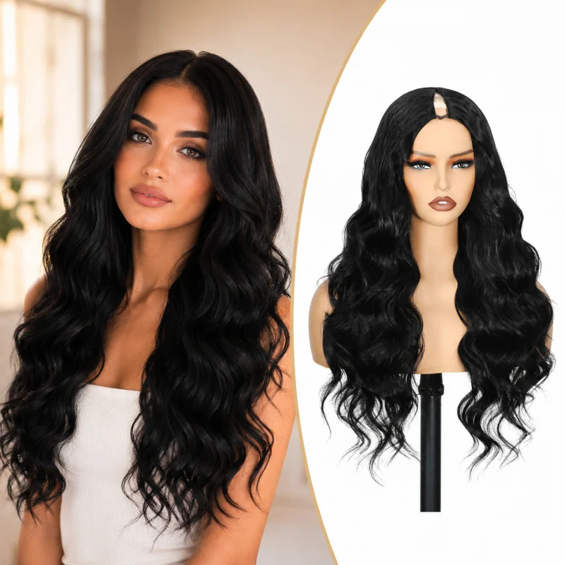 

Women's V-shaped synthetic fiber wig, multi-color, middle-parted long curly hair