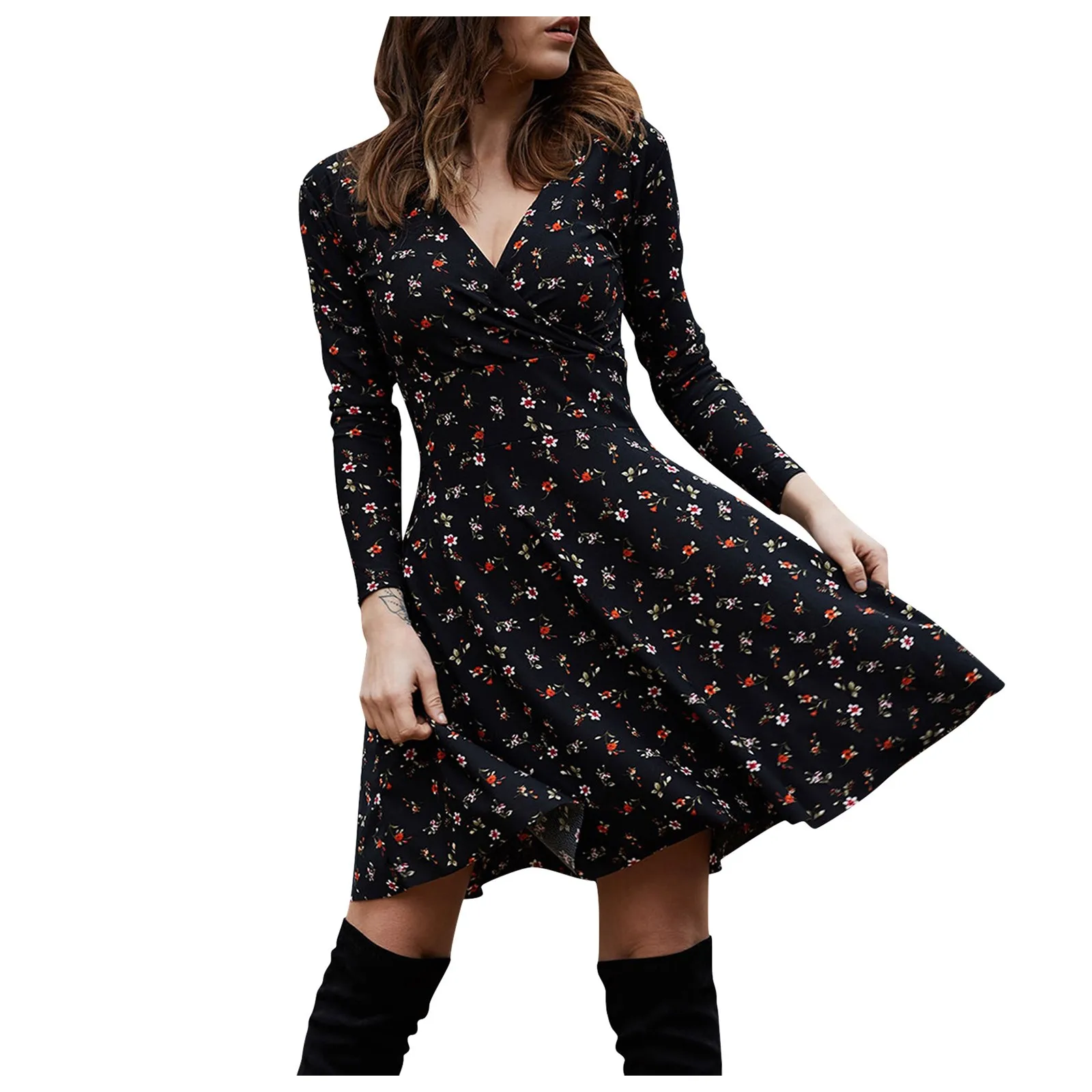 Elegante vestido Midi Vintage con estampado Floral para mujer, vestido Retro drapeado de cintura alta, manga larga, fiesta y citas