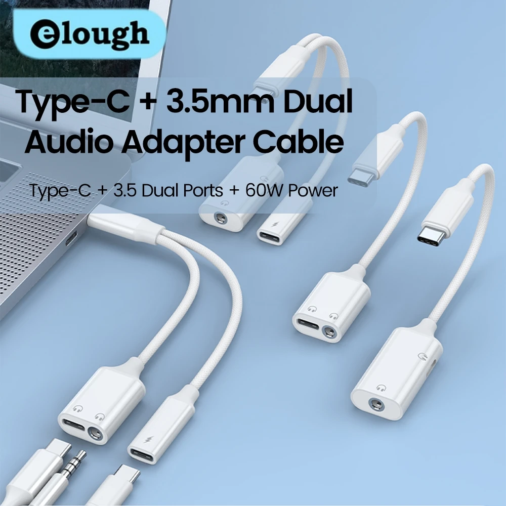 

Elough Type-C до 3,5 мм двойной адаптер для наушников, источник питания, аудиокабель PD, 60 Вт, быстрая зарядка, ЦАП, Hi-Fi аудиокабель