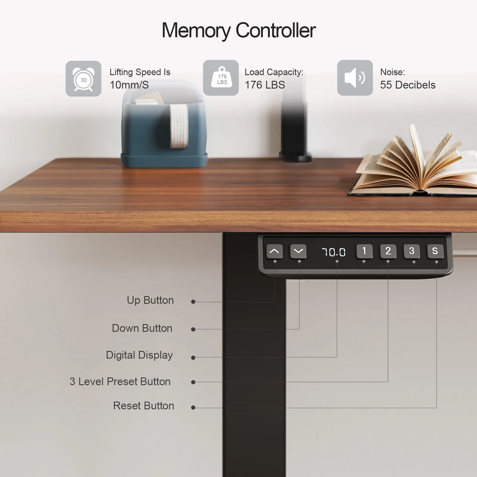 조절 가능한 모니터 선반 2개가 있는 스탠딩 데스크, 메모리 컨트롤러 및 높이 조절 기능이 있는 전기 스탠드업 데스크