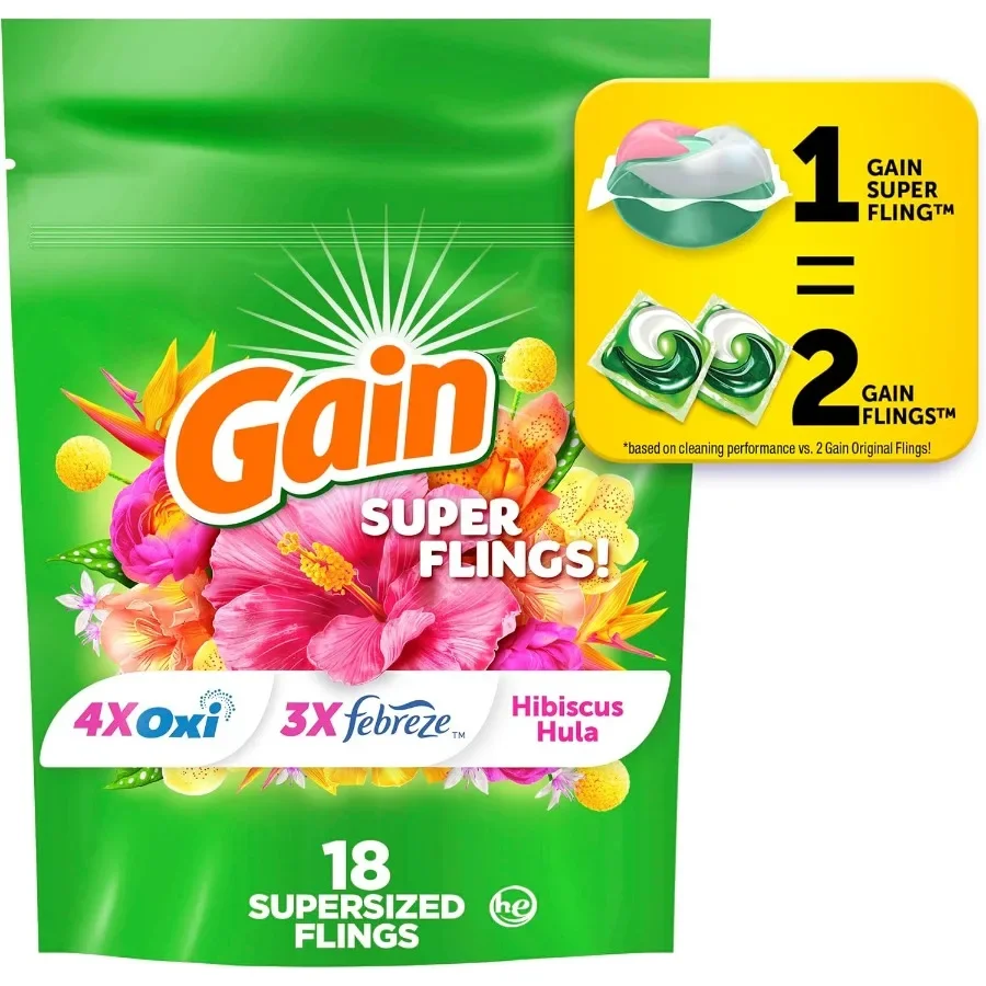 Paquetes de detergente para ropa XL 18ct | Aroma de hibisco, para cargas grandes y manchas difíciles, tamaño familiar, limpieza profunda, aroma fresco