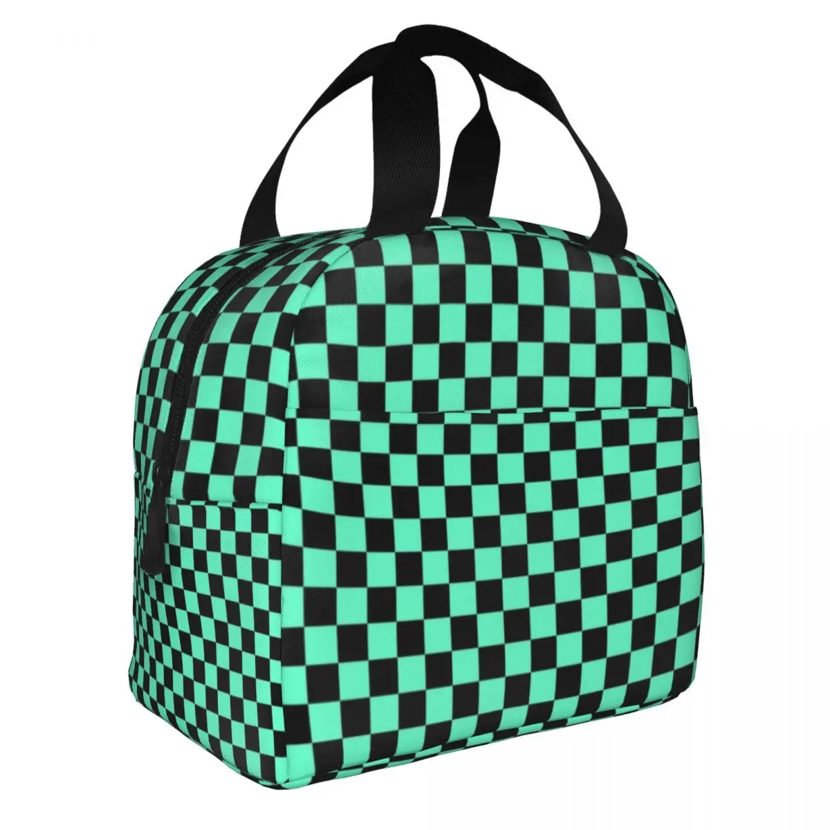 Checkerboard Pattern Insulated Lunch Bags for Women Mint Green And Black Plaid Portable Cooler Thermal Food Lunch Box Travel