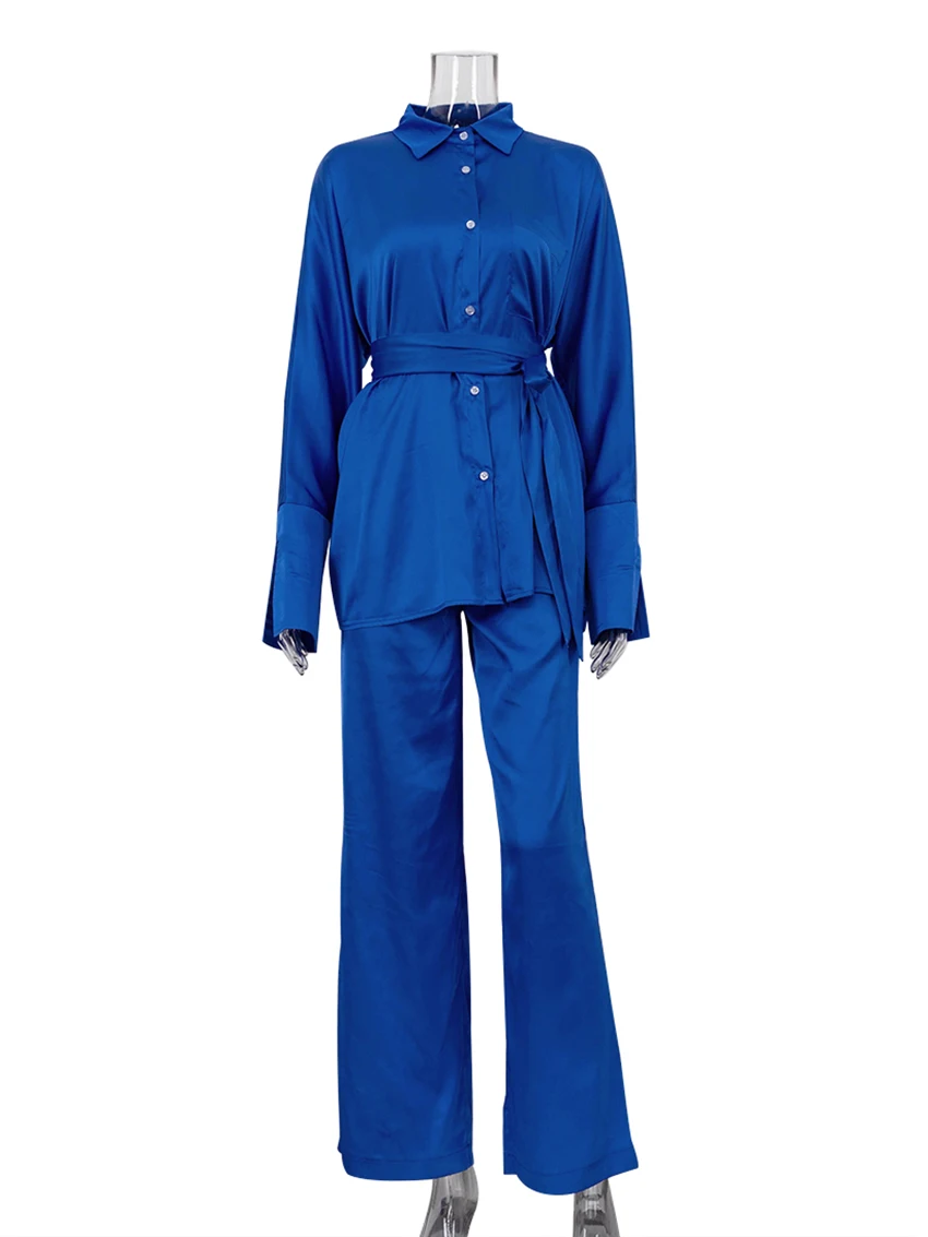 Marthaqiqi-Conjunto de ropa de dormir a la moda para mujer, pijama de manga larga con cuello vuelto, camisón con cordones, pantalones, camisón para mujer