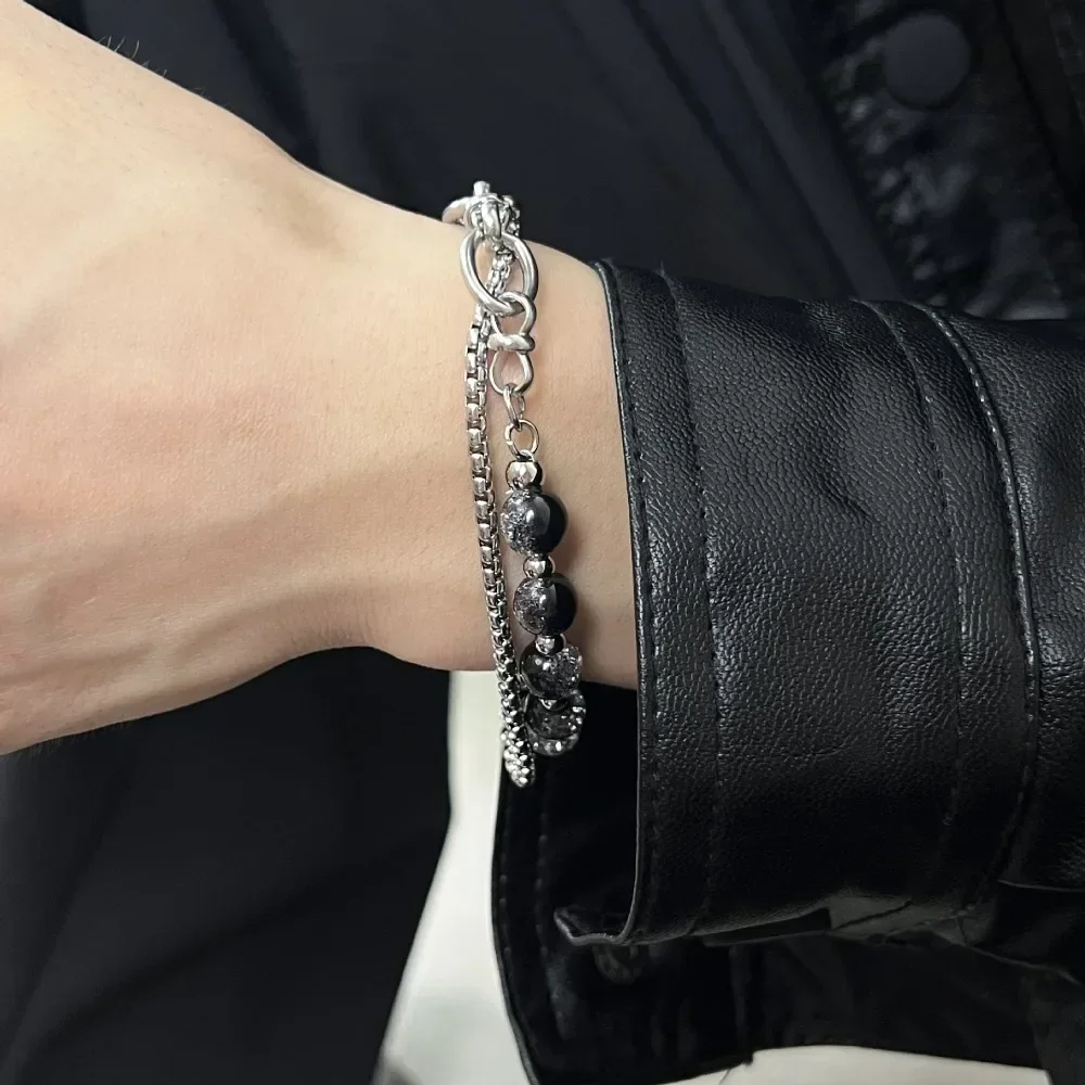 2024 Retro Black Cracking Beads Bracelet for Men Women Stainless Steel Double Layered Chain Fashion Hip-pop Jewelry Pulseras image 4