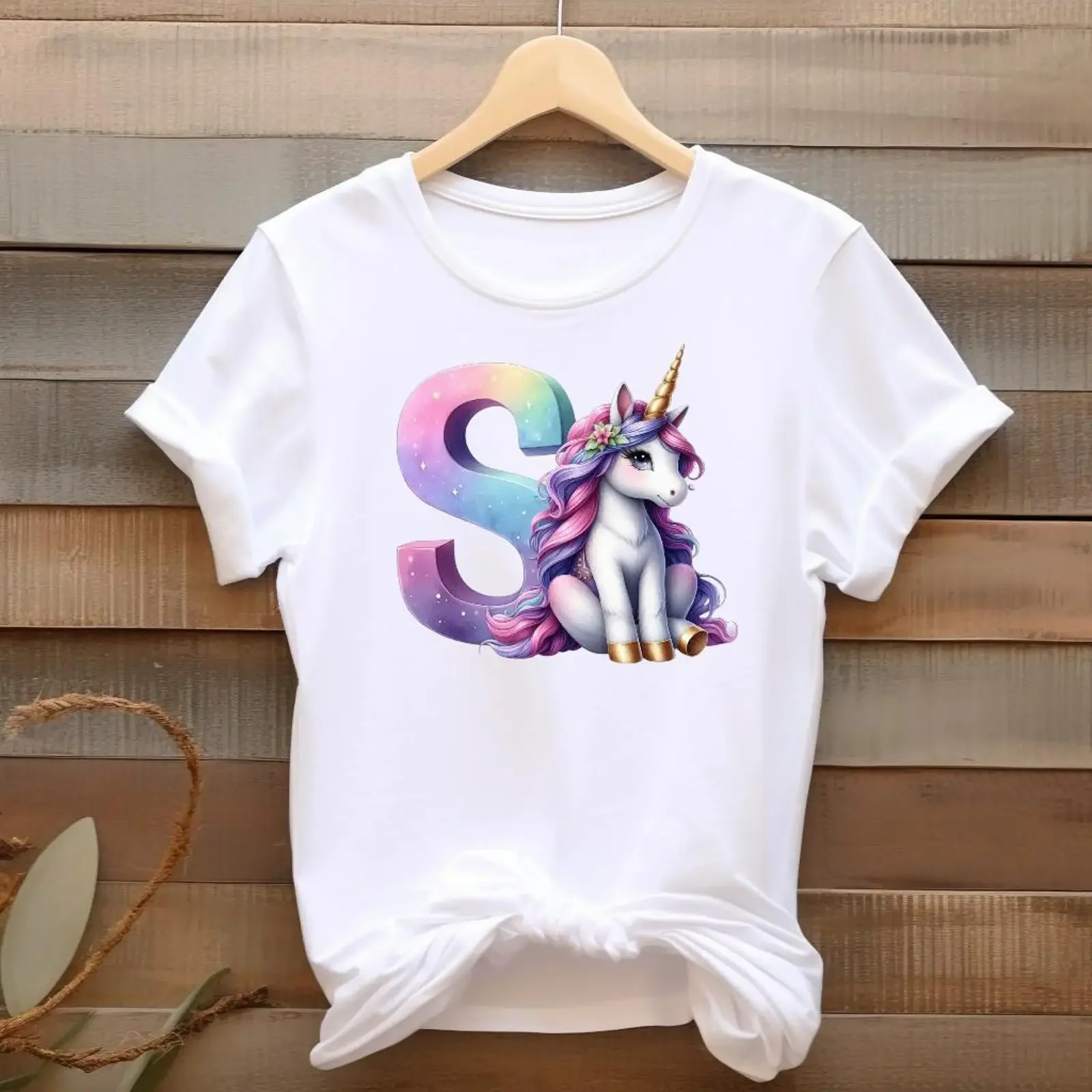 Custom Cute Unicorn Initial S T Shirt Colourful Personalised Girls Toddler Kids White  Casual Children Clothing vintage Washed