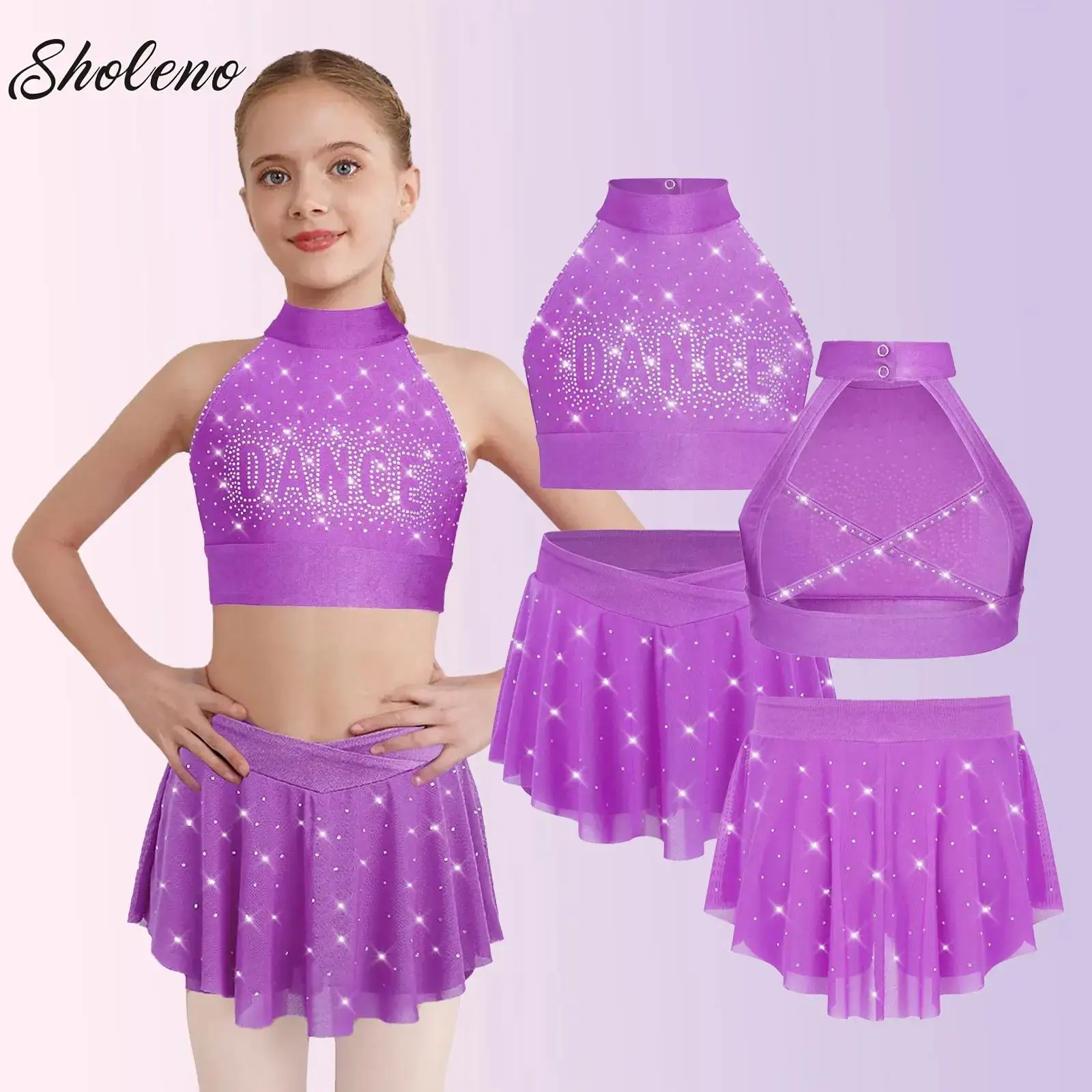 ملابس الرقص المعاصرة للمنافسة الغنائية للفتيات الصغيرات، بلوزة قصيرة بأحجار الراين اللامعة وتنورة، مجموعة أداء التزلج على الجليد
