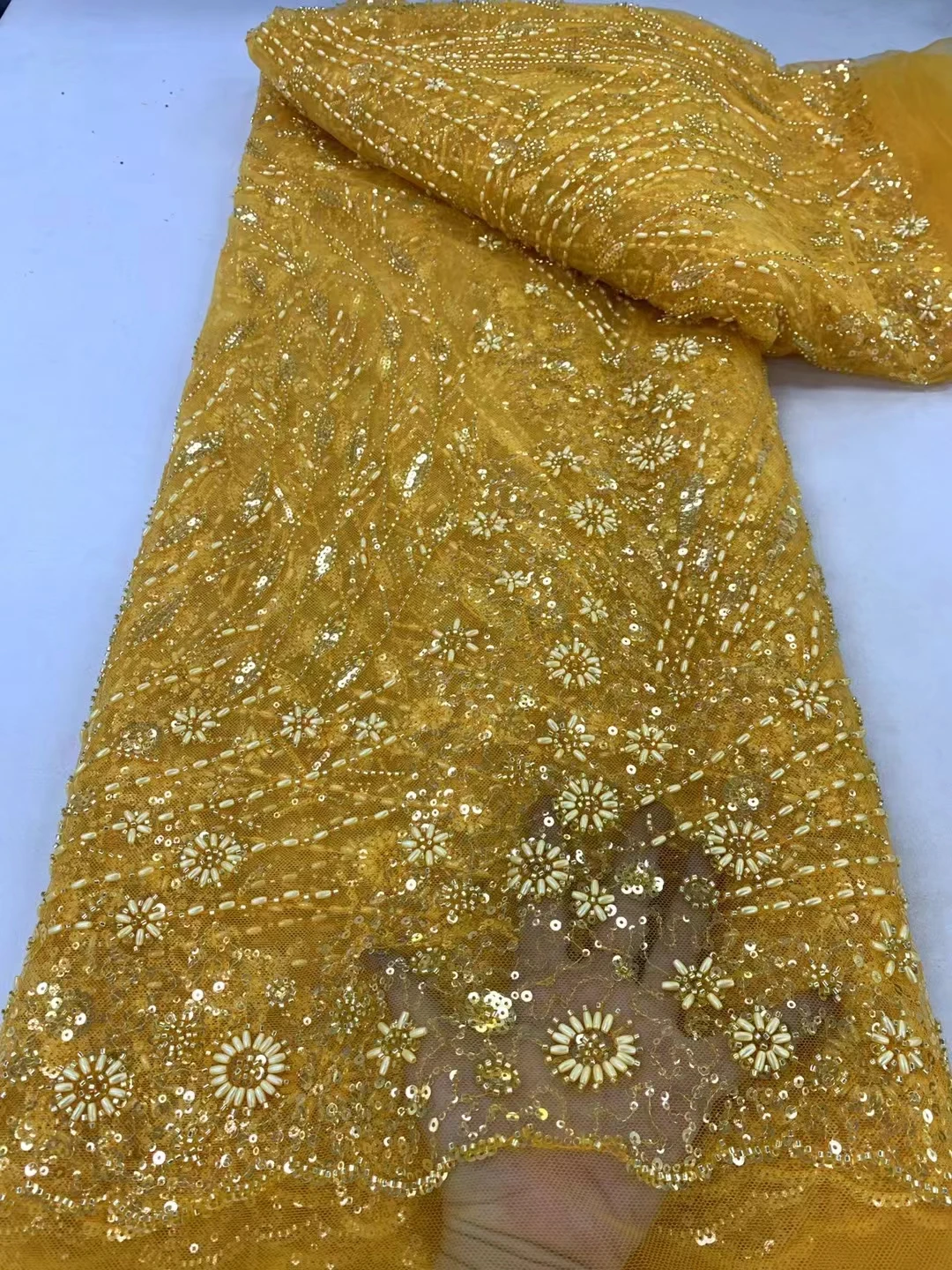 

High Quality Gold Embroidered African Sequins Groom Lace Fabric 5Yards French Tulle 3D Beads Lace Fabrics For Nigerian Wedding