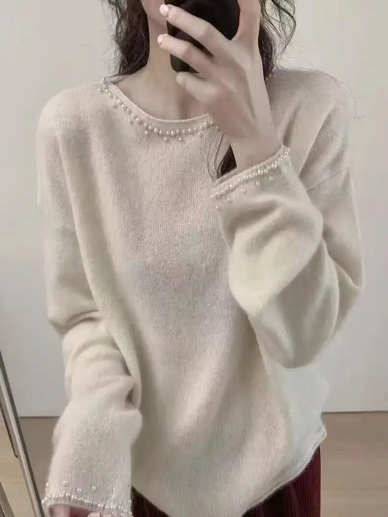 Coréen Sle rond Ne tricoté Base irt lourd embellissement couleur aérienne pull automne hiver nouveauté coupe ample