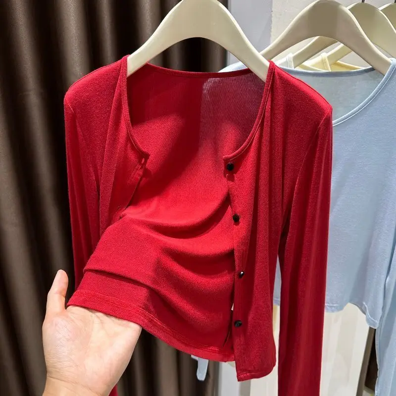 Red Knitted Sun Protection Cardigan Women's Spring Autumn New Style Strap Thin Air Conditioning Shirt Standard Version Pure C...