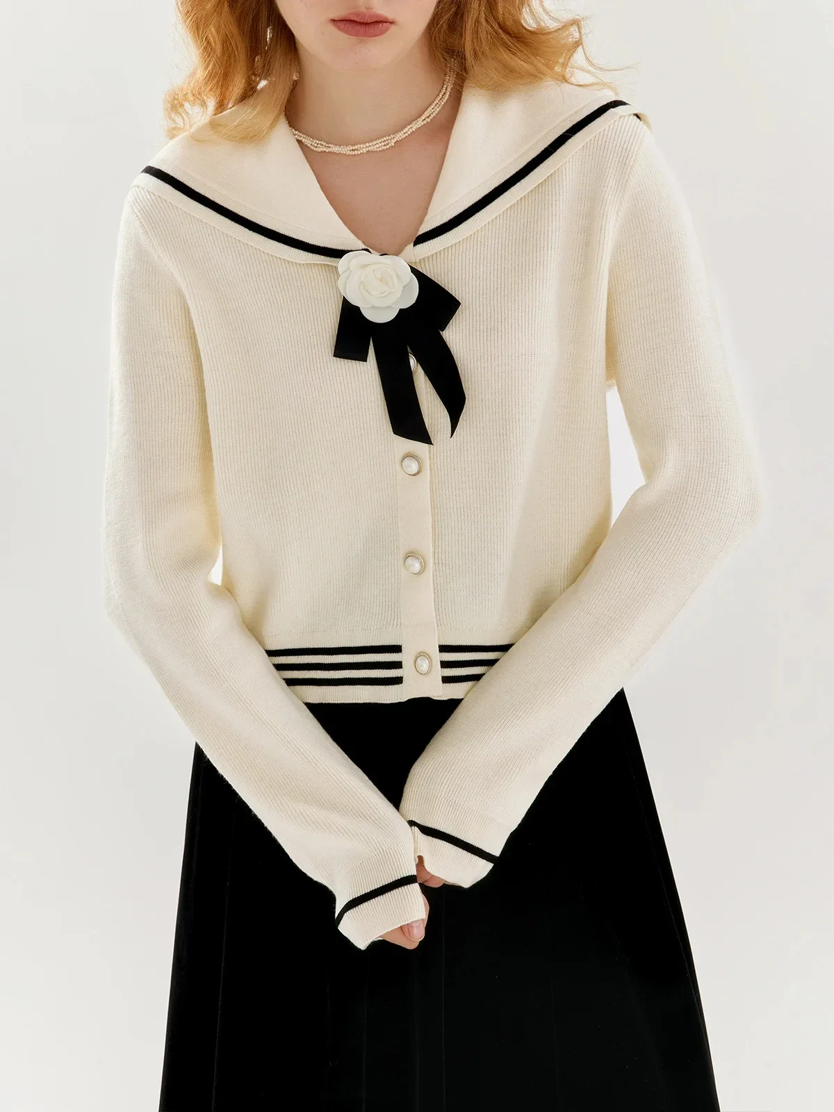 Apricot Knit Sweater Women Navy Collar Bow Long-sleeved Tops Autumn Winter New French Single-breasted Sweater Y2k Clothes