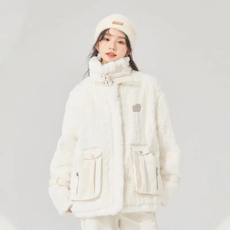 Casacos de pelúcia inverno monocromático menina lambswool, engrossar quente jaqueta, casaco elegante com zíper, streetwear, estilo Mori