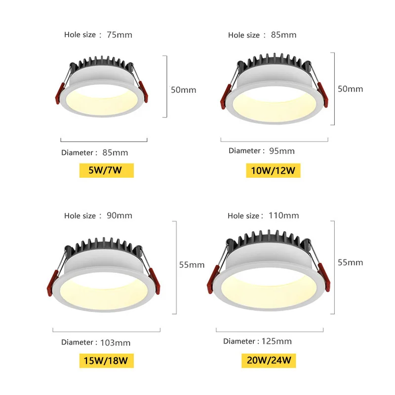 Ściemnialna antyodblaskowa lampa wpuszczana oprawa ledowa typu Downlight 5W 7W 9W 12W 20W 85-265V sufitowe panele punktowe okrągłe do oświetlenia domu