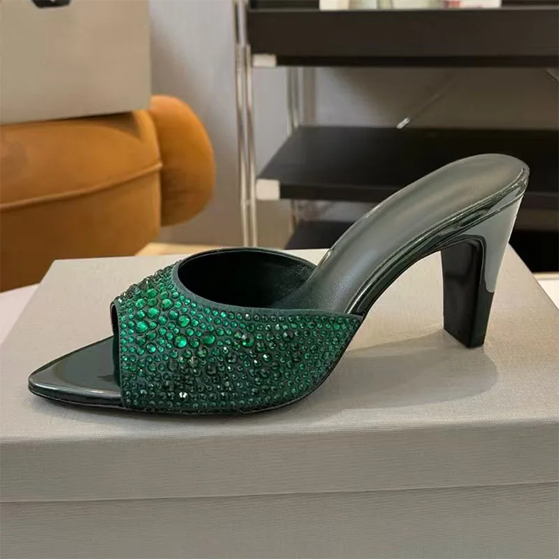 

Luxury Rhinestone Slippers Women Square Heels Summer Shoes Women Pointed Peep Toe Crystal Slides High Heels Slippers Woman