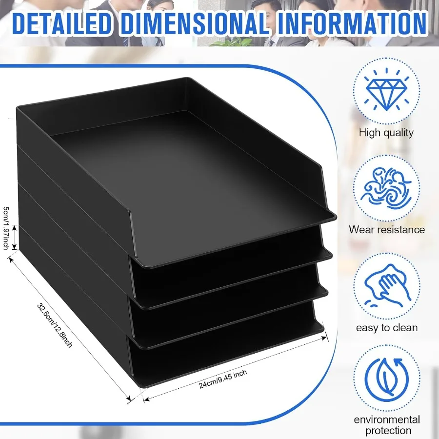 Bandejas de papel plásticas retangulares empilháveis, 4 unidades, para organização de mesa de escritório e sala de aula, solução ideal de armazenamento de arquivos de documentos