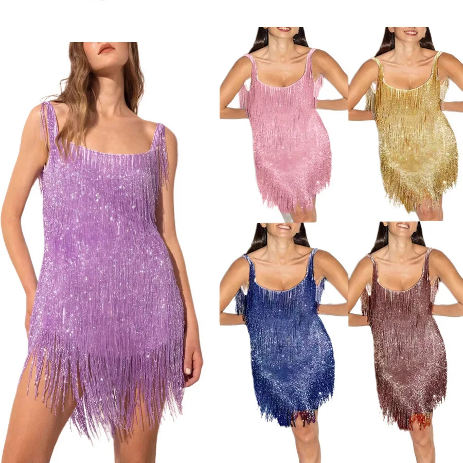 

New Sexy Women's Wear Hot Sale Sleeveless Straps Sequins Nightclub Halloween Girl Style Dancing Party Dress Mid Length Dress