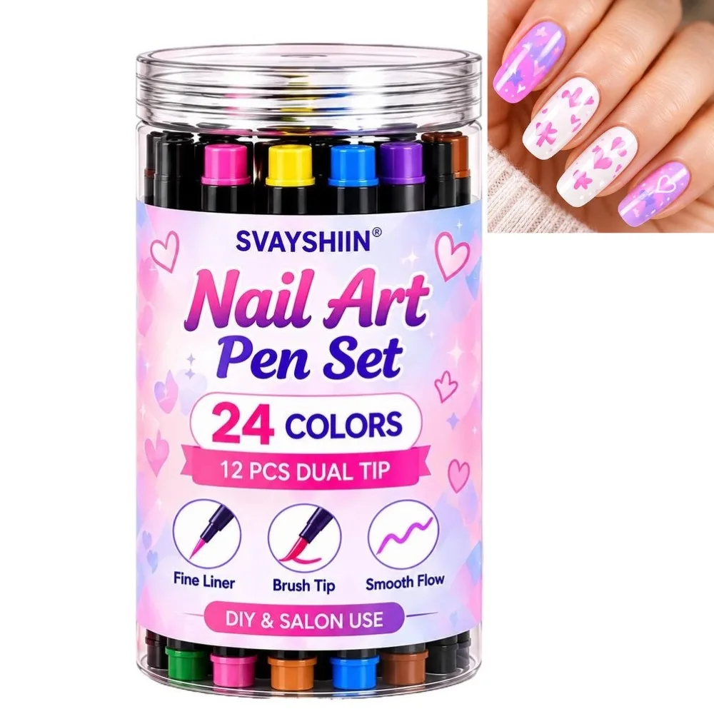 12Pcs Nail Art Painting Pen Dual Tip 24 Colors Nail Art Pen Fine Liner & Brush Tip Nail Drawing Marker DIY Nail Decorations