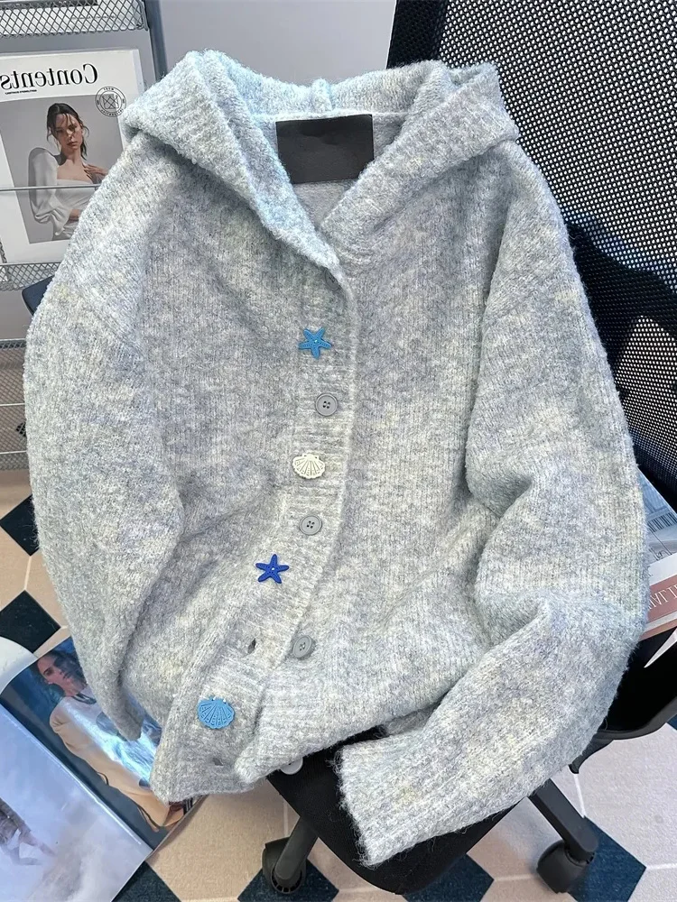 

Lazy Wind Retro Gray Cardigan Women Cute Buttons Long Sleeve Loose Knitted Hooded Sweaters Preppy Style Sweet Soft Tops Coats