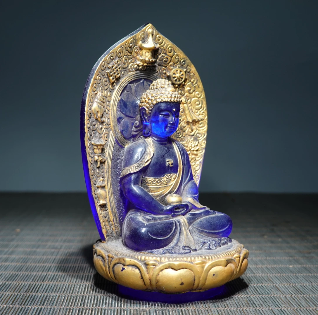 Ancient China Colored Glaze Blue Liuli Crystal Buddha Statue Feng Shui Home Decor Prayer Supplies Pray Kai Guang Ornaments view 6