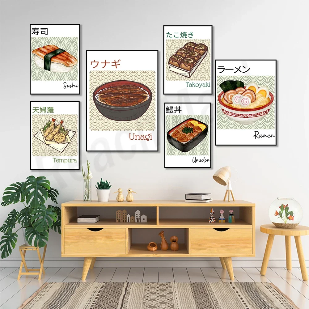 Traditional Japanese food art, ramen, onigiri, eel, eel rice, takoyaki, tempura, sushi poster, asian food kitchen decoration