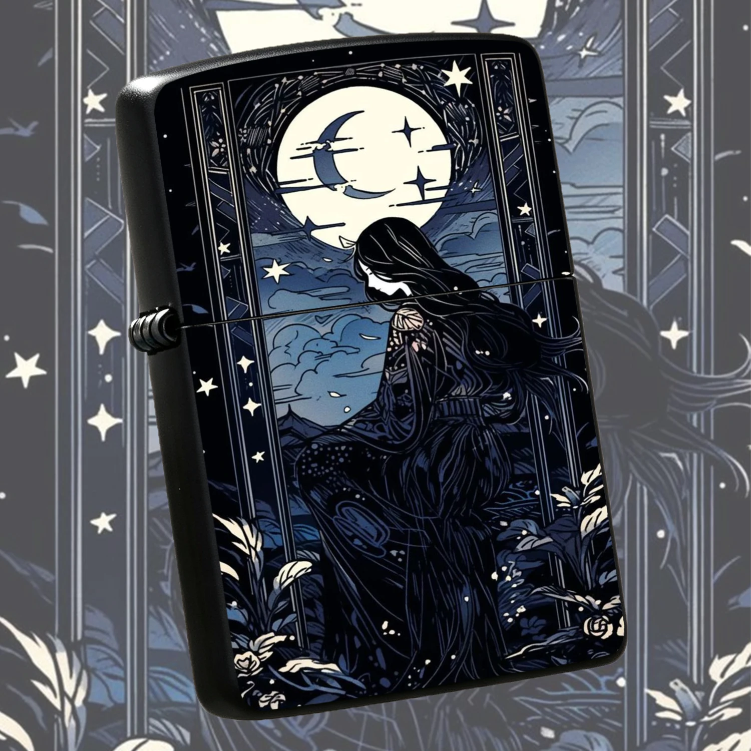 Vintage Starry Moon Night Maiden Pattern Windproof Artistic Dark Woodcut Style Retro Tarot Card Themed Pocket Smooth Ignition Durable Portable Unique Present For Daily Use Gifting To Friends And Art Lovers A Fun And Humorous Lighter