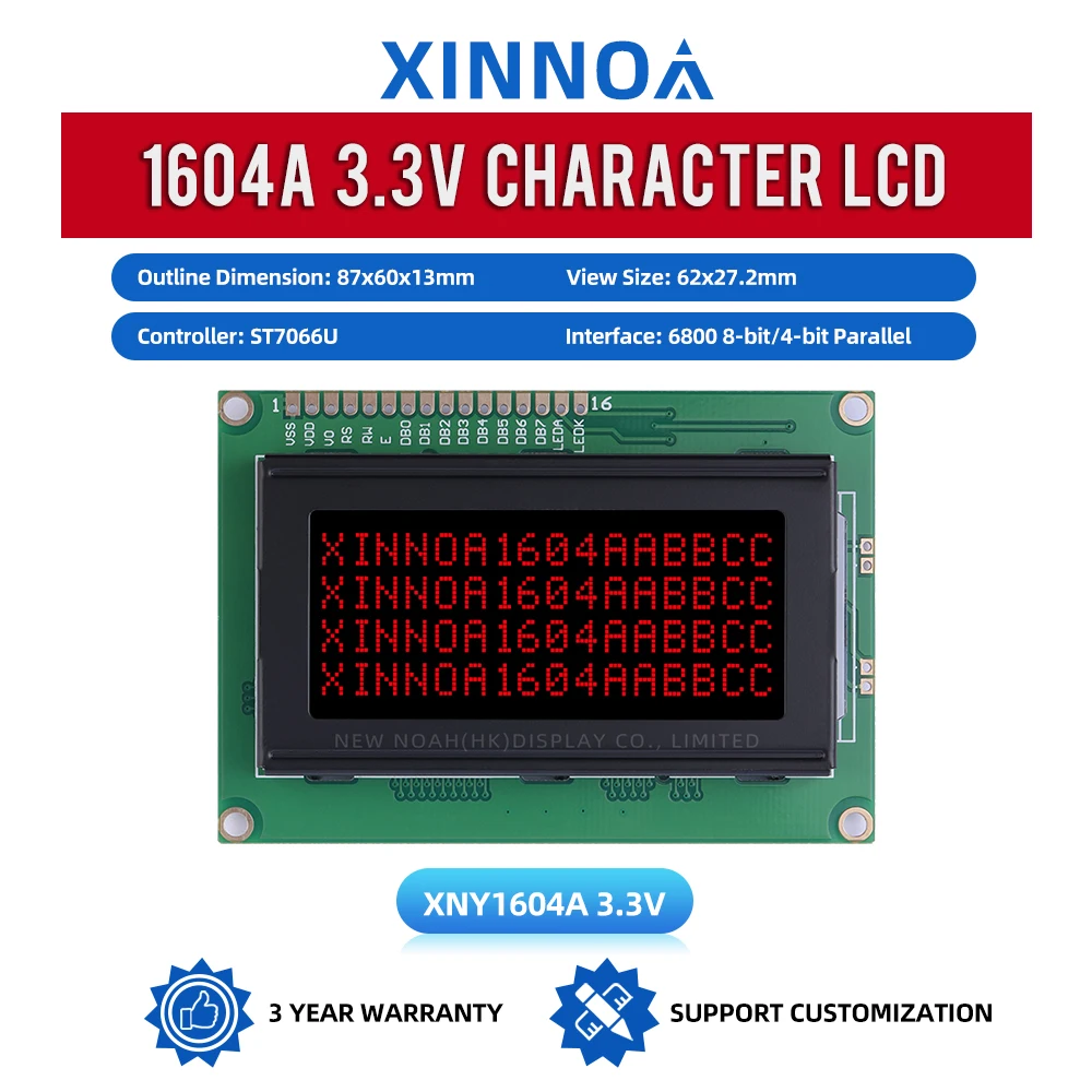 BTN pellicola nera Rosso 1604A 3.3V Modulo LCD a caratteri 1602 LCD 16PIN ST7066U Schermo a matrice di punti per caratteri di computer industriale