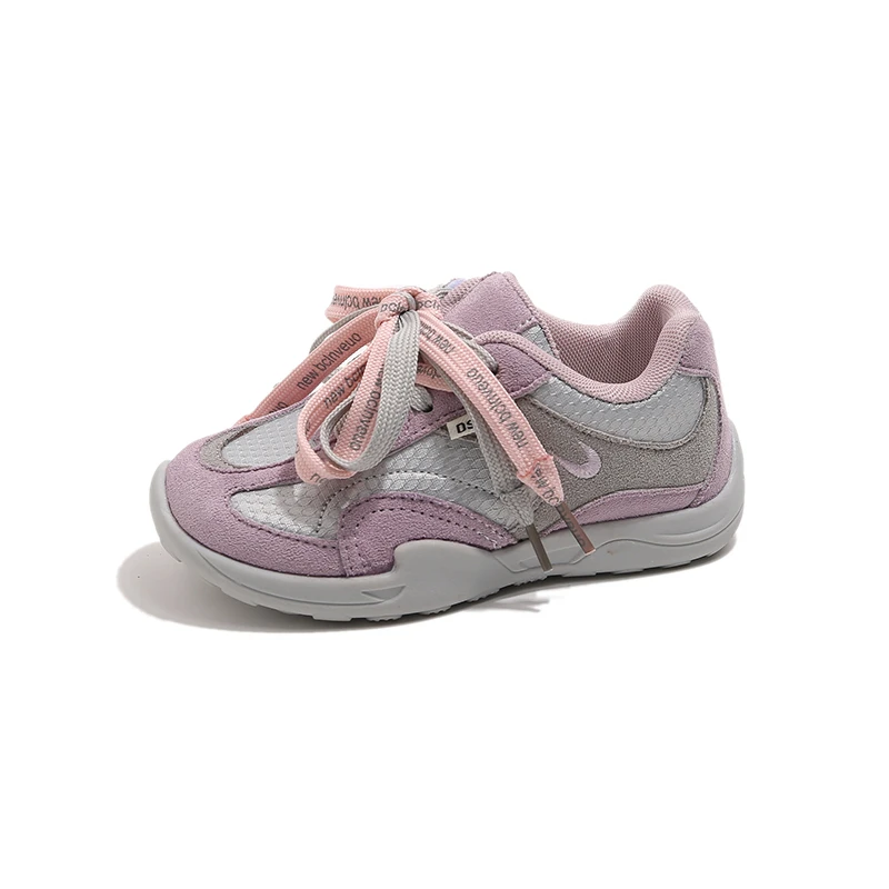 Kids Color Block Mesh Sneakers, Toddler Boy Girl Retro Sport Shoes, Soft Sole Casual Walking Shoes, Grey Pink