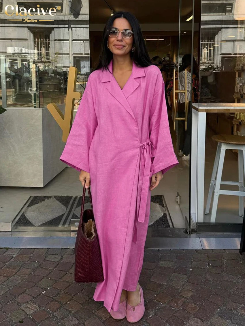 Clacive Casual luźna różowa bawełniana sukienka damska modna, z klapami z długim rękawem sukienka do kostek eleganckie sznurowane sukienki dla kobiet