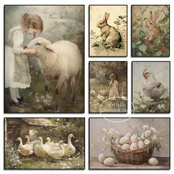 Vintage Boho Spring Easter Goose Girl Bunny Eggs Cottagecore Animal Botanical Poster Canvas Painting Wall Pictures Home Decor