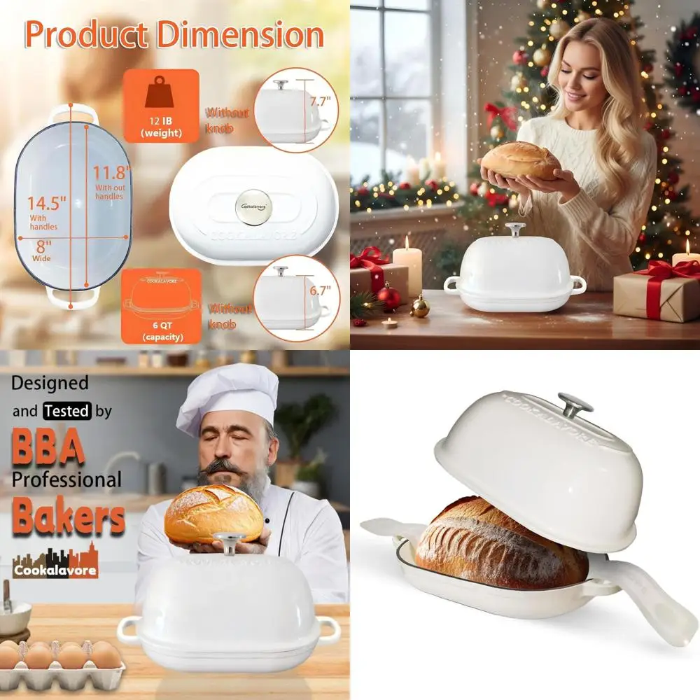 

Enameled Cast Iron 6-Quart Bread Maker with Lid, Perfect for Homemade Loaves, 14.5 Dutch Oven, Silicone Mat & Recipe Included, I