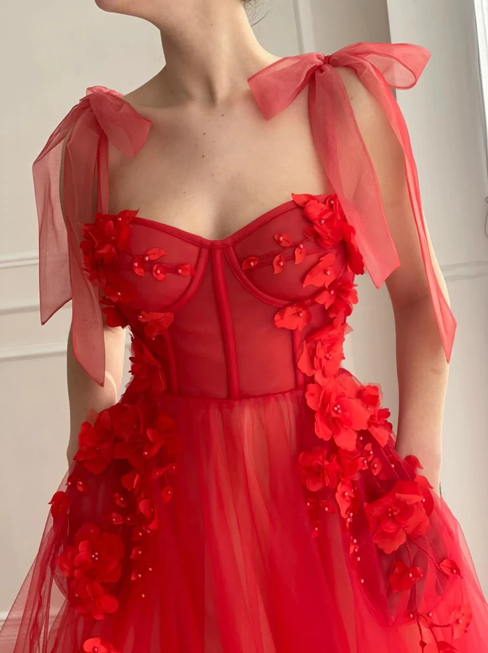 Vestidos de Noche marroquíes rojos, línea A, tirantes finos, tul, flores, perlas, largo, Turquía, Dubai, Arabia Saudita, vestidos de fiesta