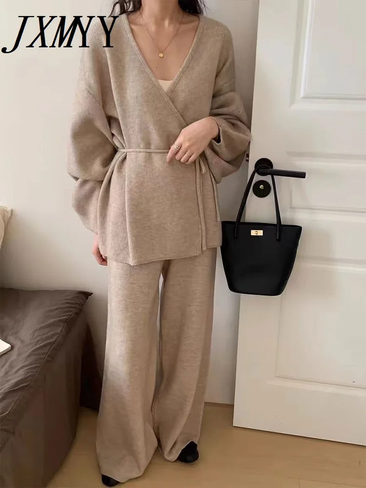 New Autumn Style Fashionable Elegant Temperament Retro Knitted Suit Women\'s Casual Cardigan Coat wide-Leg Pants Two-Piece Set