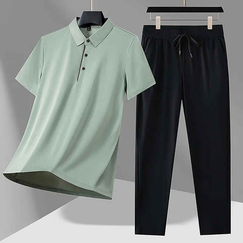 

Men Ice Silk Traceless Polo Short-sleeved + Sweatpants Set Quick-dry Shirt Quick-dry Two Piece Set Business Casual Tracksuit