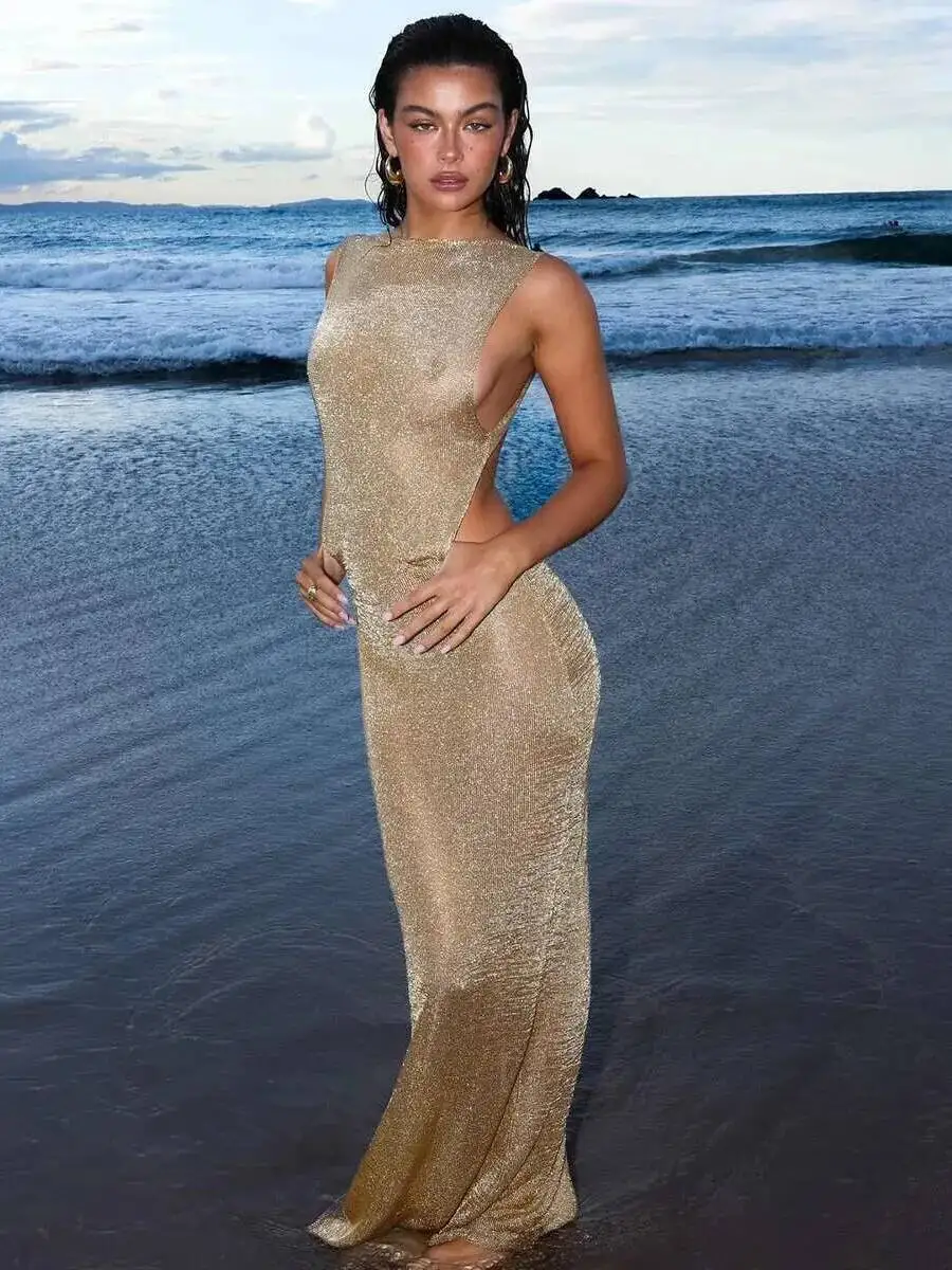 Sparkle Glittar Slim Bodycon Elegant Women Maxi Long 2025 Summer Dress Perspective Backless Nightclub Sexy Party Dresses N3UN