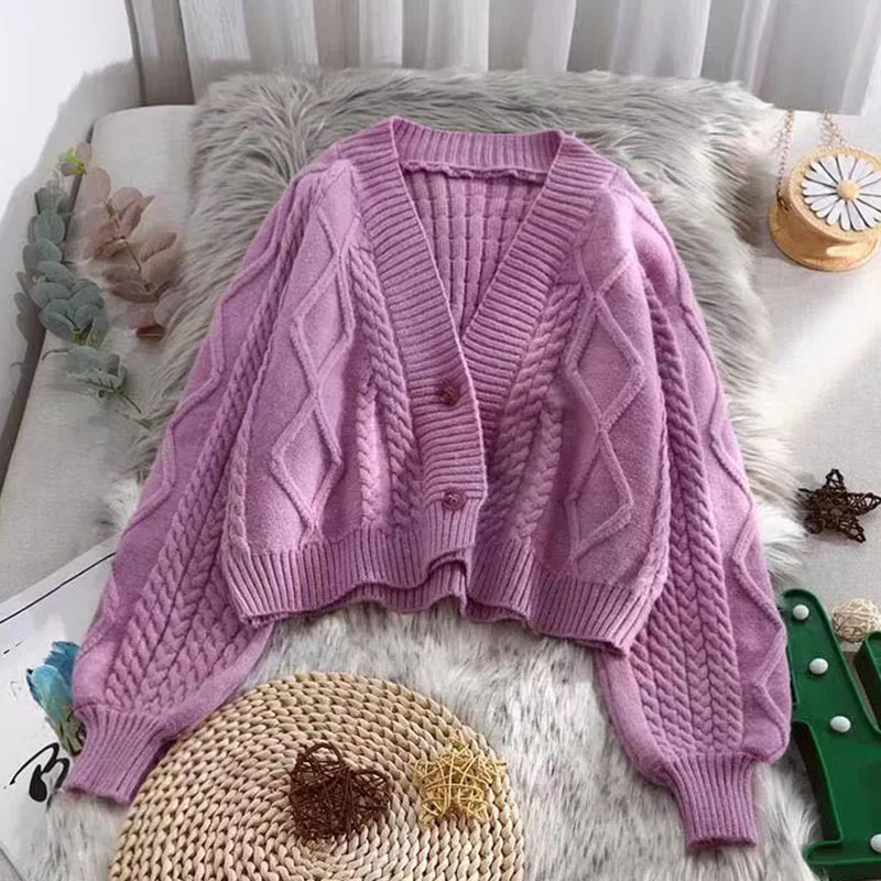 Knitted Cardigans for Women Autumn V-neck Button Up Long Sleeve Sweater Cardigan Casual Loose Keep Warm Sweater Coat Female