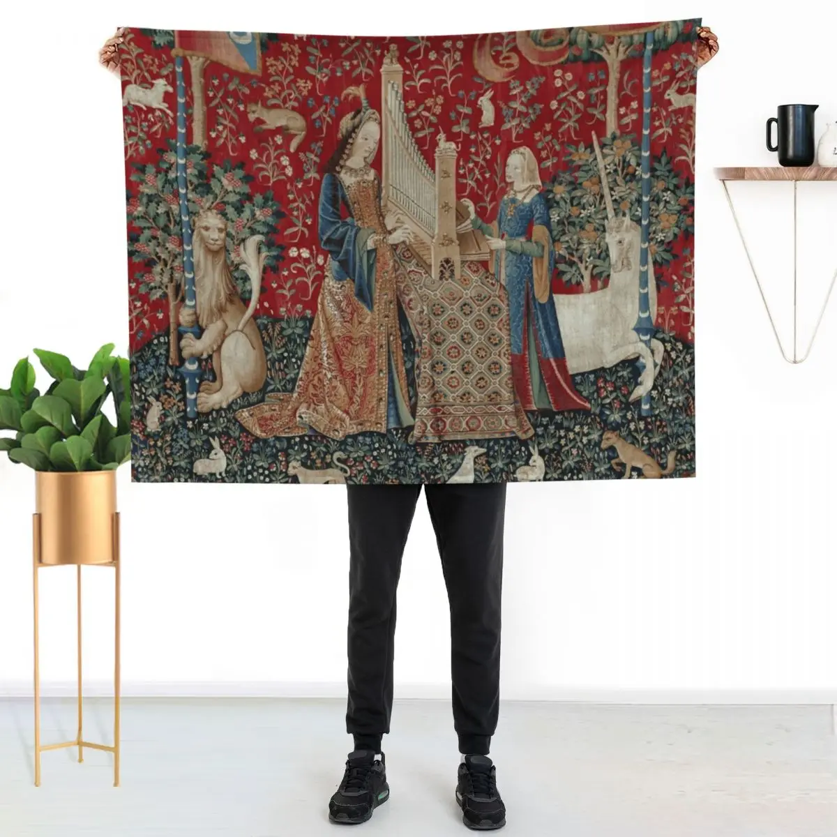 

Lady and Unicorn Medieval Tapestry Five Senses - Hearing Throw Blanket Flannel Fleece Soft Warm Throw Blanket