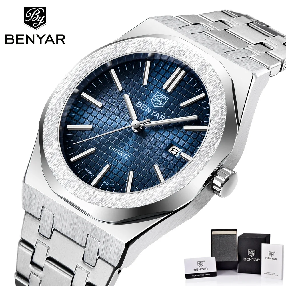 Relogio Masculino Benyar Men Watch Auto Date Waterproof Blue Face Stainless Steel Quartz Watches Mens Luxury Business Male Clock