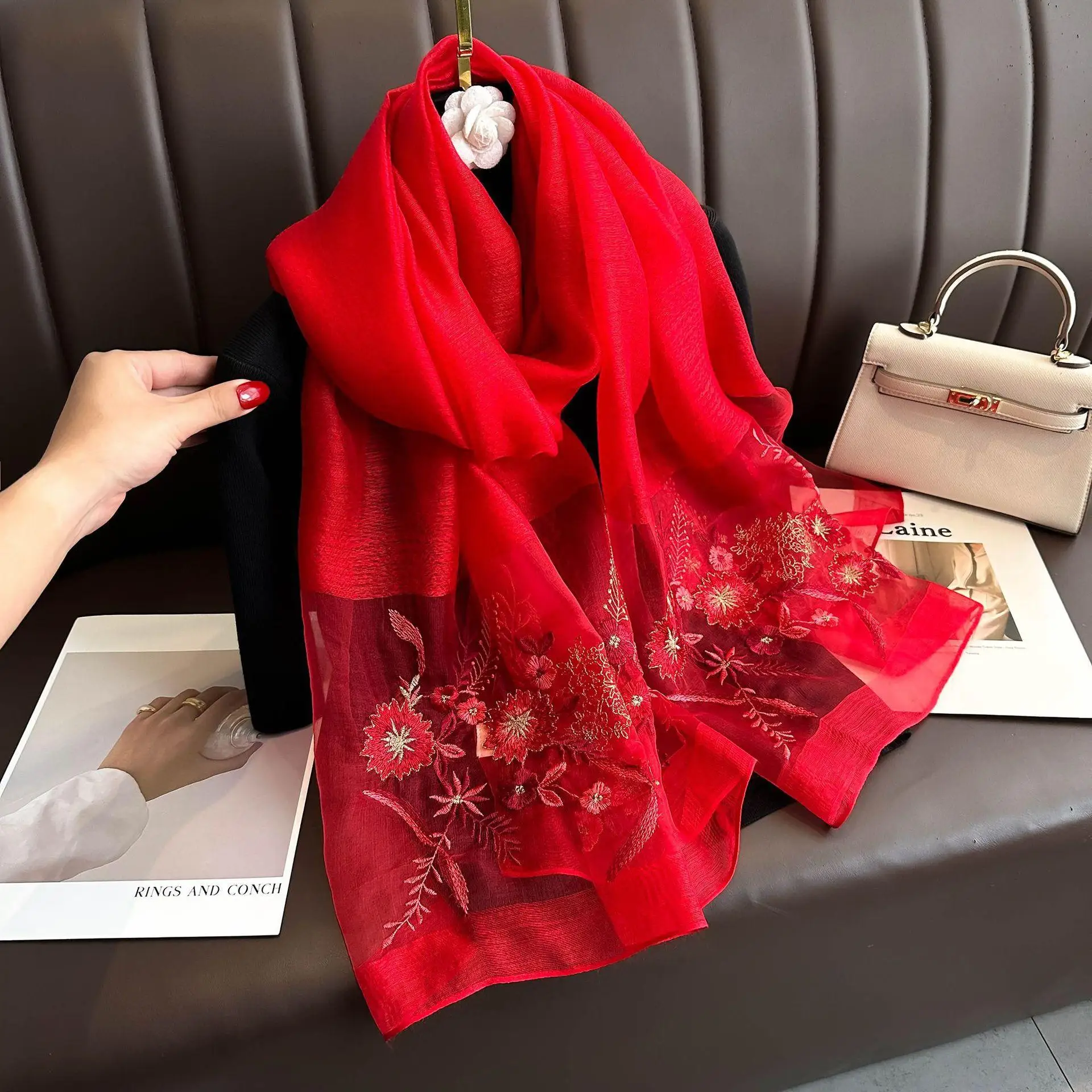 Luxury Brand silk wool Scarf Neckerchief Shawl Wraps Hijab Bandana Women Beach Female Foulard Flower Kerchief Elegant Scarves