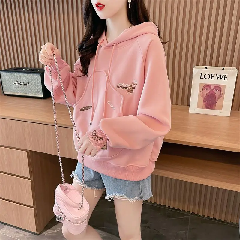 Fashion Pockets Spliced Embroidery Hooded Sweatshirts Female Clothing 2024 Autumn Winter New Loose Casual Tops Sweet Sweatshirts