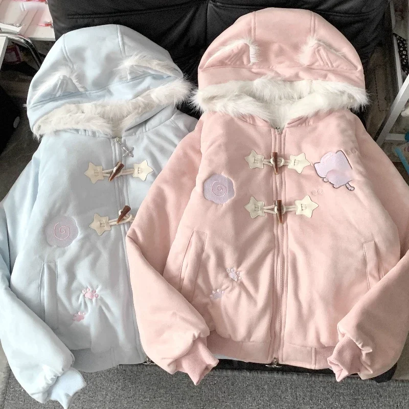 

Japanese Kawaii Lolita Style Parkas Women Sweet Cartoon Embroidery Casual Hooded Coat Girls Y2k Aesthetic Warm Plush