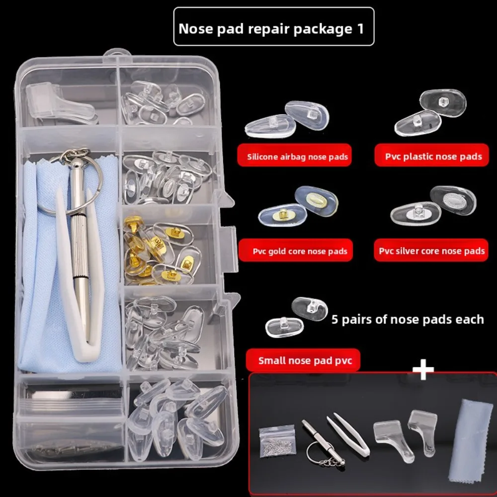 Reparaturset für Brillen-Nasenpads, Ersatzset mit Schraubendreher, Ohrbügeln, Pinzette, verpackt in einer Box.