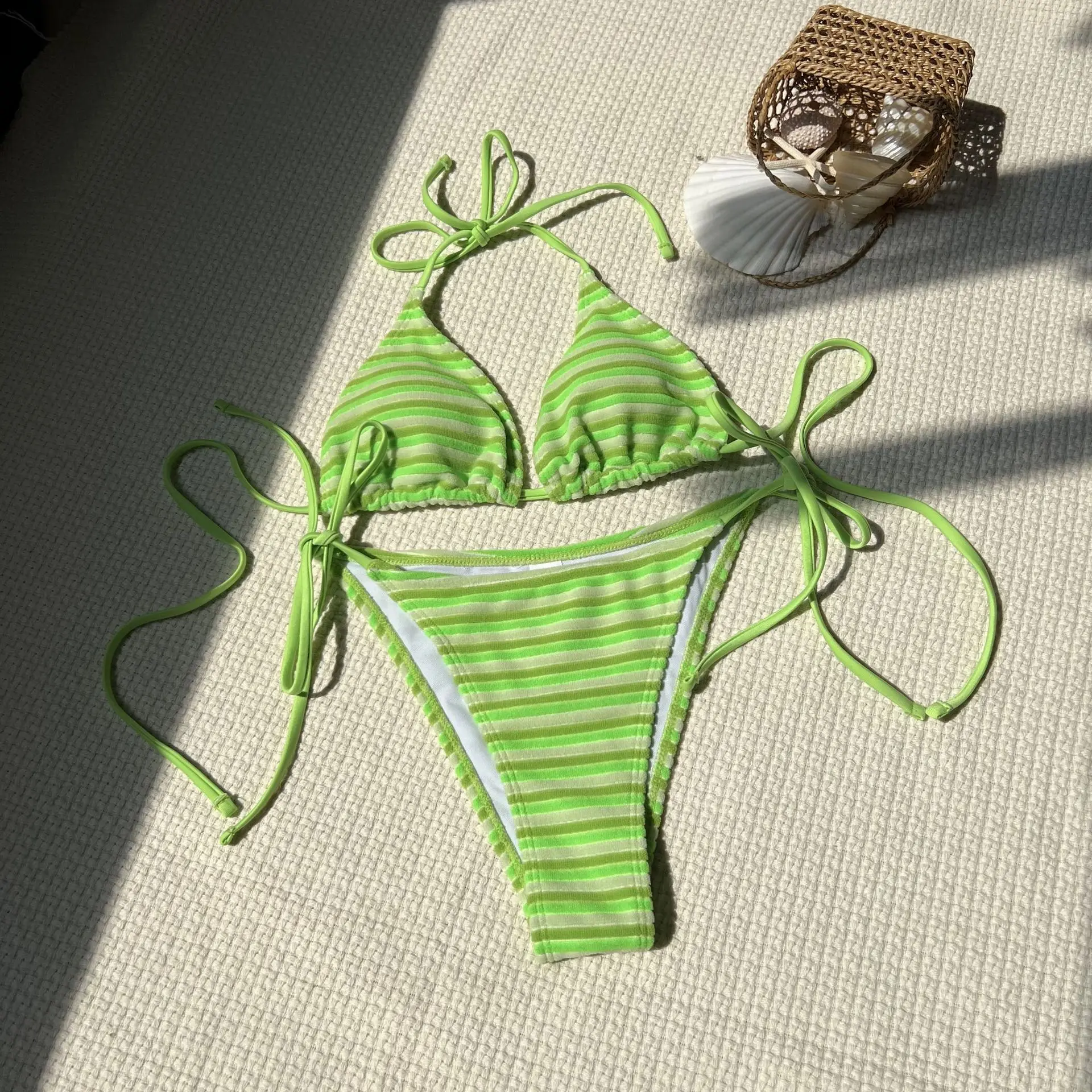 sexy terry cloth striped bikinis sets two pieces halter tie swimsuits Swimwear Biquini conjunto de bikini tankini trikini