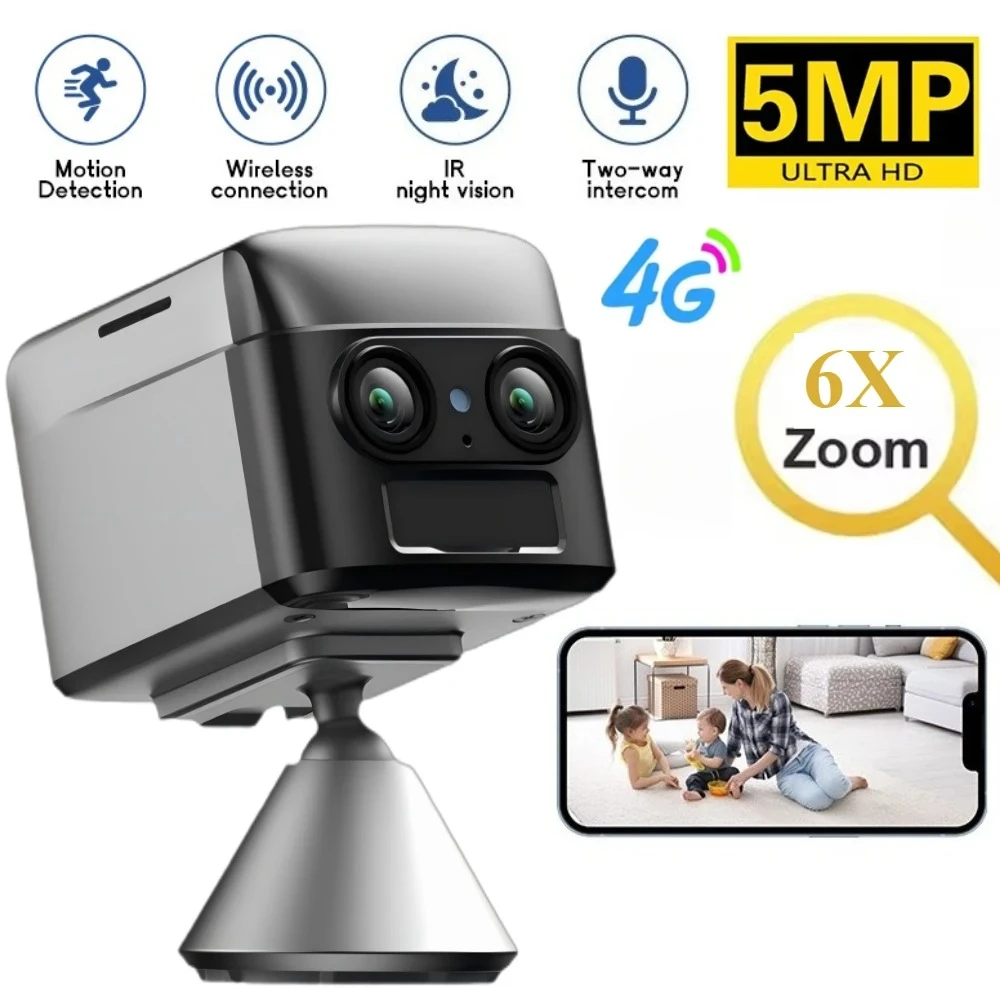 Wifi Security Mini Camera 4G Dual Lens 6X Zoom Webcam 2 Way Audio Baby Monitor Night Vision Wireless Home Surveillance Cameras