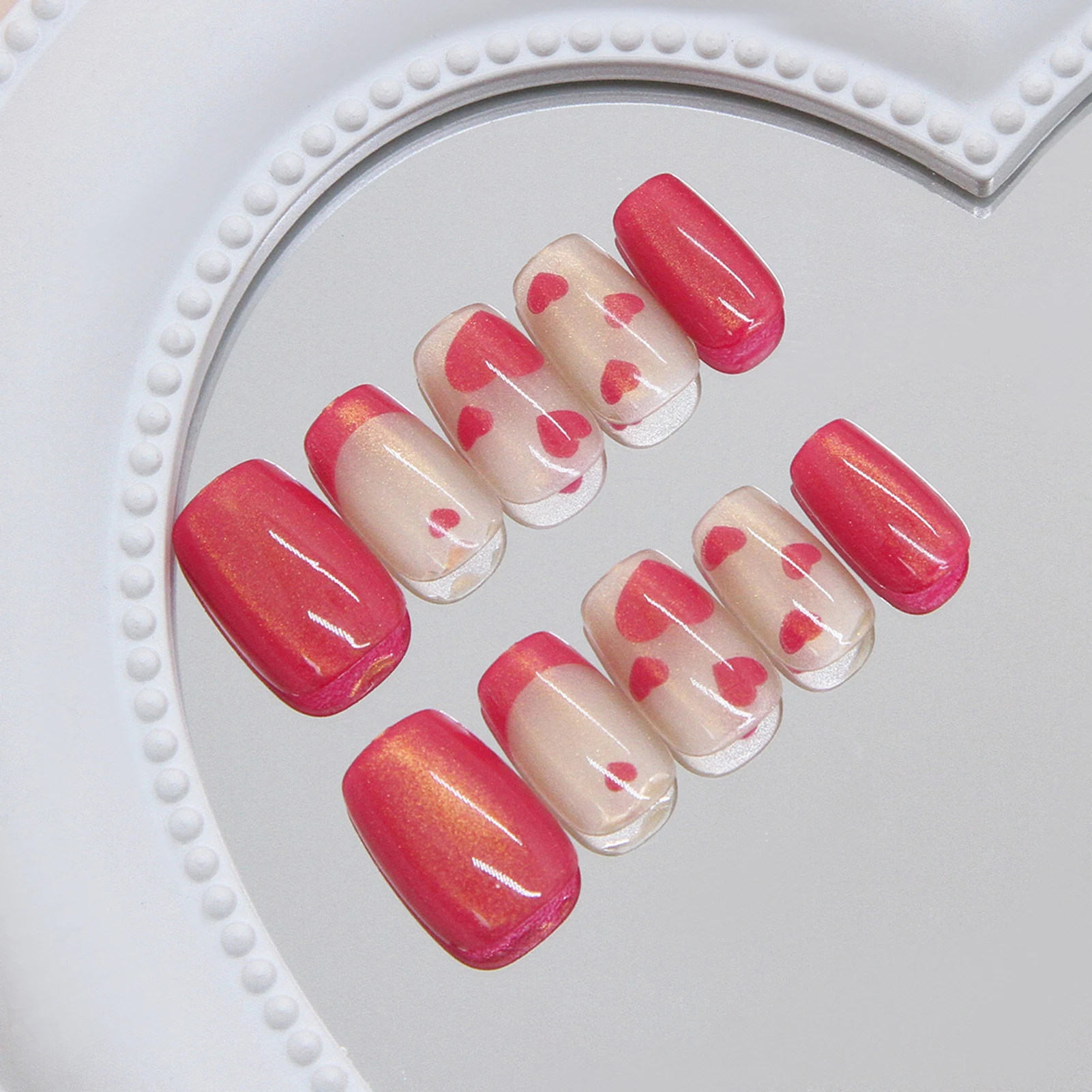 Unhas falsas francesas rosa brilhante, 30 peças, prensa quadrada curta em unhas, amor, coração, impresso, charme destacável, suprimentos para unhas de manicure