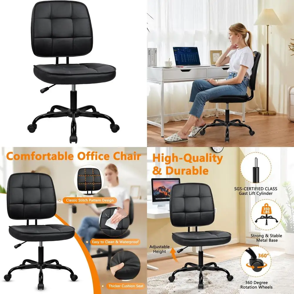 

Ergonomic Leather Desk Chair, Armless, Adjustable Height, 360° Swivel, Wheels, Black for Home Office